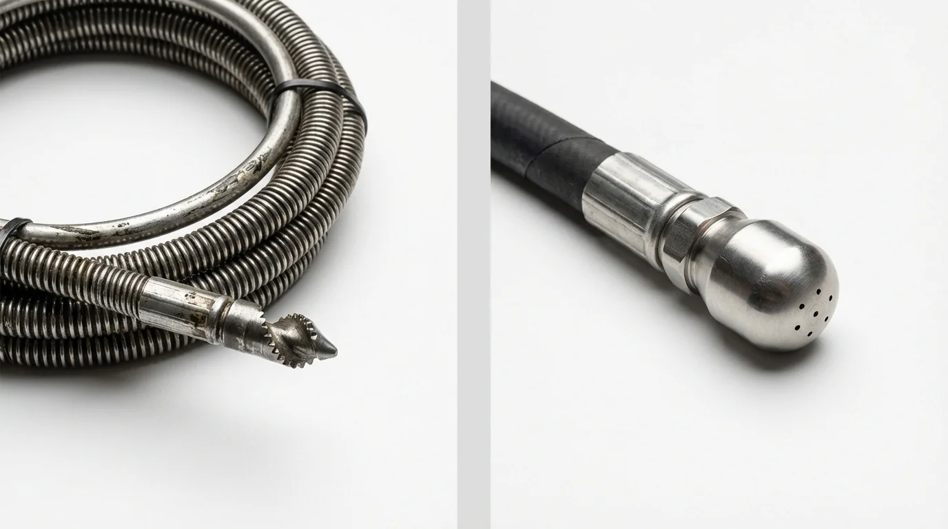Drain snake cable and hydro jetting nozzle used for drain cleaning in Chatsworth, GA