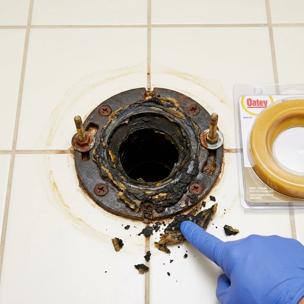 Failed wax ring showing water seepage at the base of a toilet in a Chatsworth, GA home
