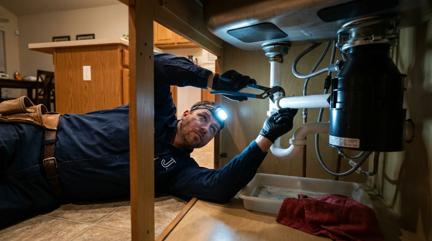 P-trap and supply line connections under a kitchen sink showing a common leak point in Chatsworth, GA